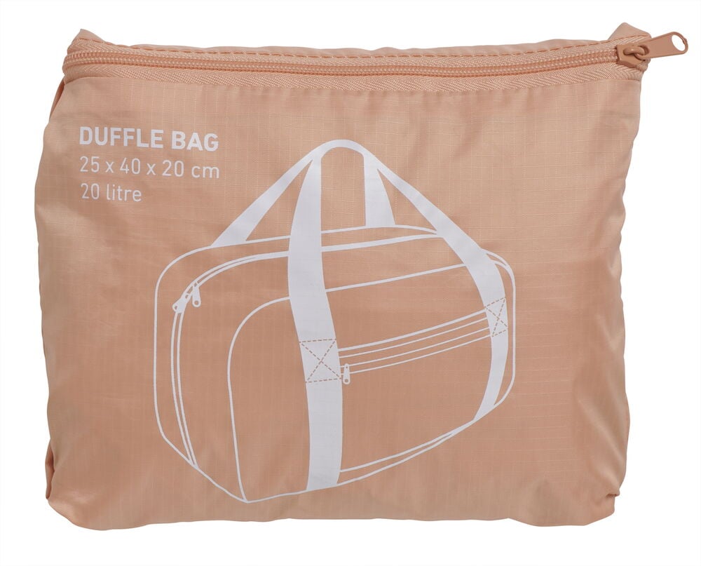 Peachfärgad duffelbag hopvikt med vitt tryck.