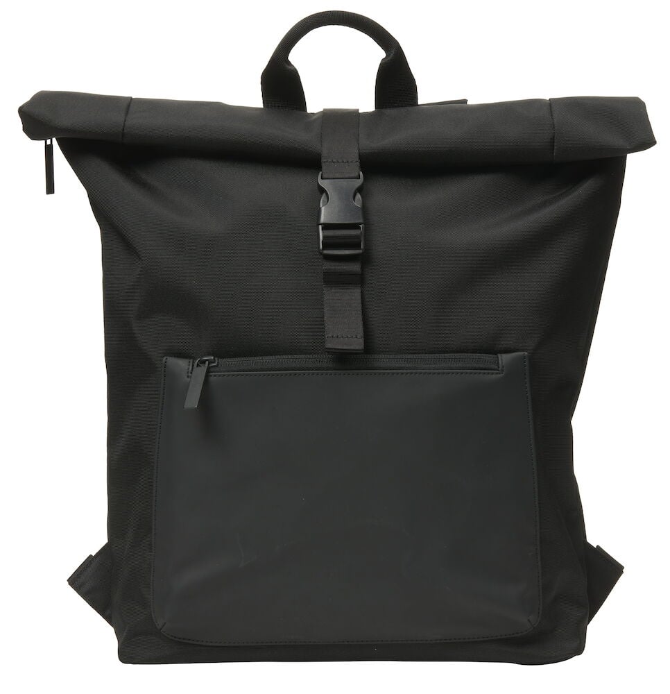 Svart ryggsäck med rullstängning och ytterficka framtill.