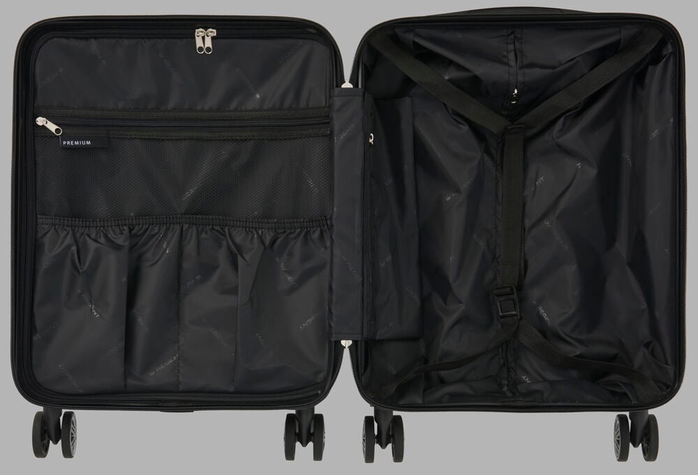 Öppen svart kabinväska med flera fack och remmar.