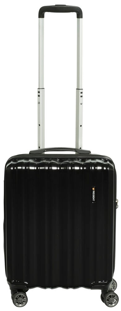 Svart kabinväska med teleskophandtag och fyra hjul.