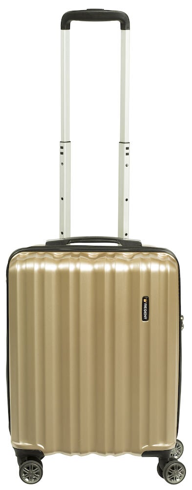 Champagnefärgad kabinväska med fyra hjul och teleskophandtag.