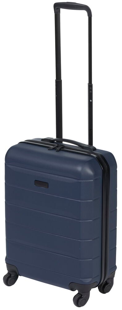 Keskiyönsininen matkalaukku neljällä pyörällä ja teleskooppikahvalla.