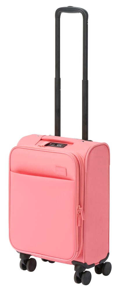 Vaaleanpunainen matkalaukku neljällä pyörällä ja teleskooppikahvalla.