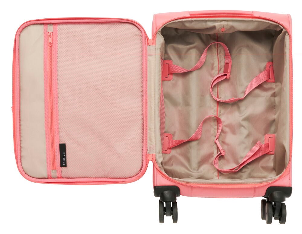 Öppen rosa kabinväska med fack och spännband.