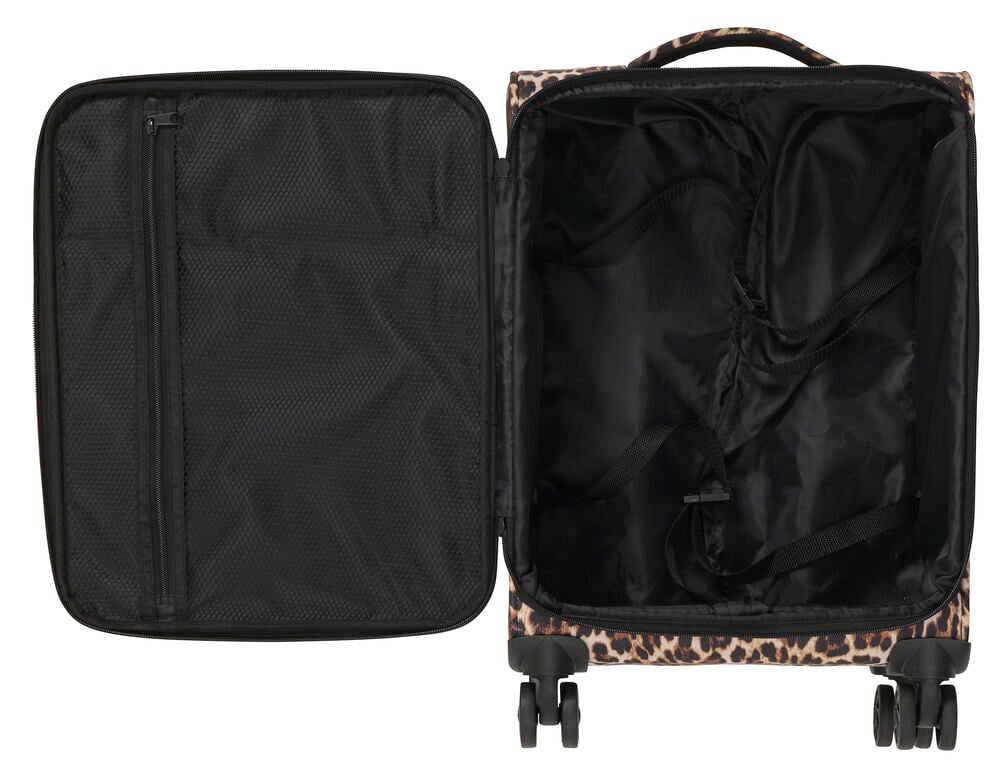 Öppen leopardmönstrad Kabinväska Regent Air Polyester TSA-lås med svarta blixtlåsförsedda nät- och resårremsfack.