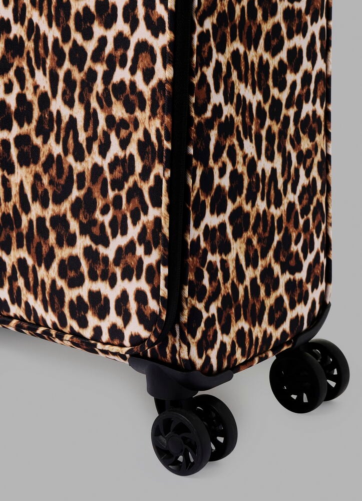 Leopardmönstrad Kabinväska Regent Air Polyester TSA-lås med svarta hjul, närbild.