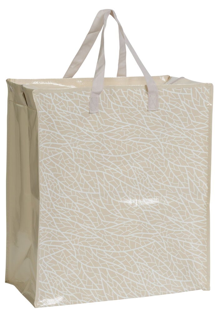 Handlepose i plast med håndtak og lyst mønster.