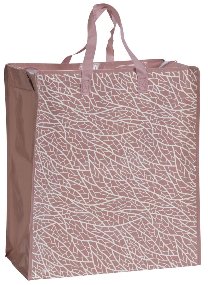 Rosa handlepose i plast med hvitt mønster.