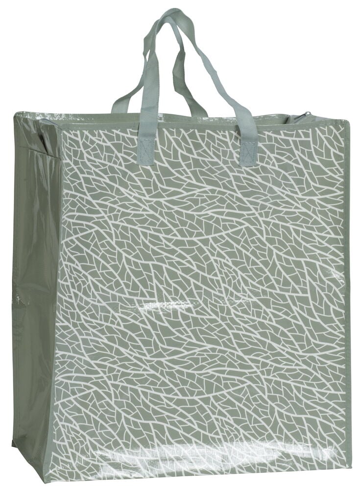 Plast handlepose med bladmotiv og håndtak.