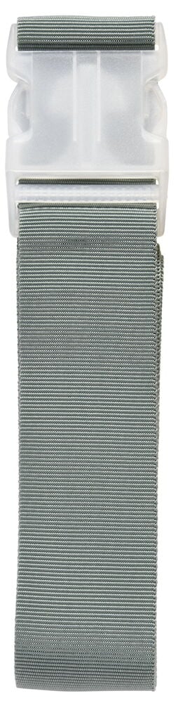 Grå bagagerem med vit plastspänne.