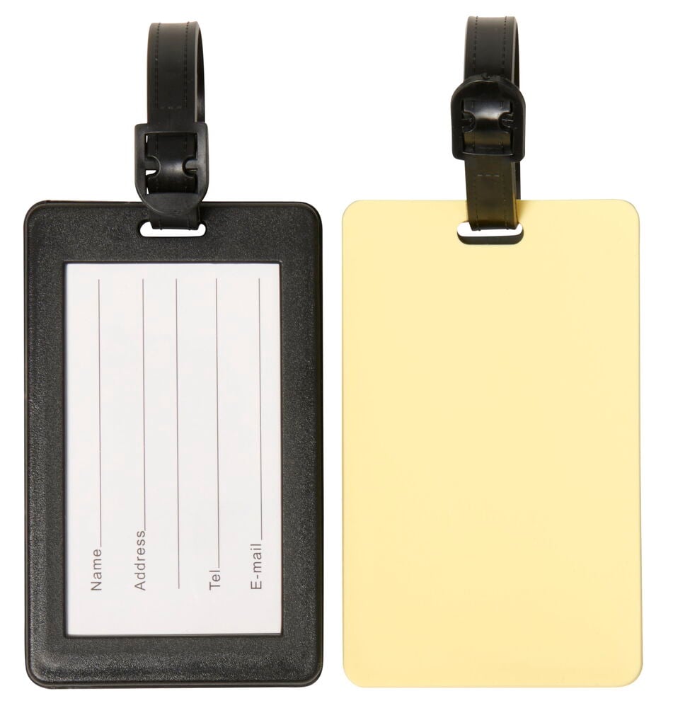 Två bagageetiketter i plast med färgade ramar.