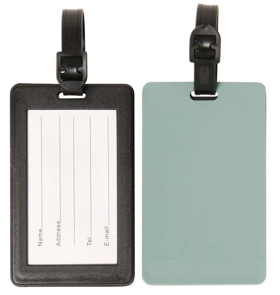 Två bagageetiketter i plast med adressfält.