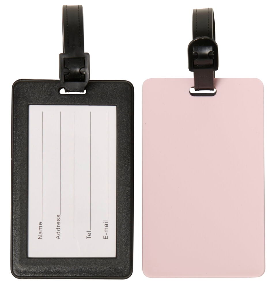 Två bagageetiketter i plast med remmar.