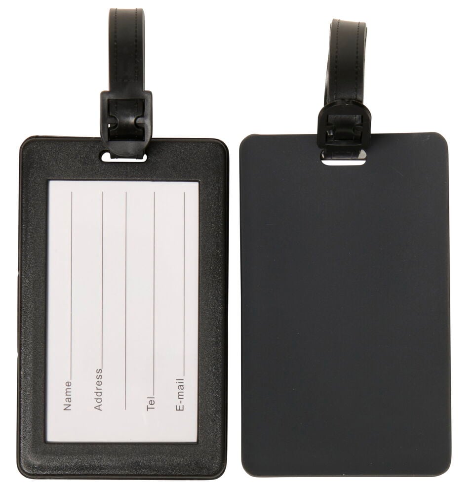 Två svarta bagagetaggar i plast med remmar.