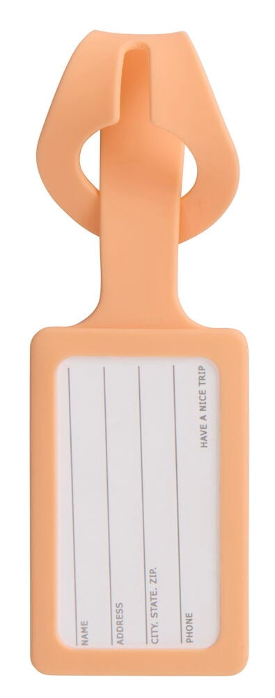 En persikofärgad Bagage ID-tag med en vit insats för kontaktinformation och en krokrem.