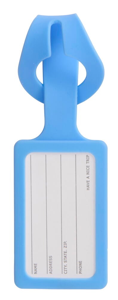 Blå bagage ID-tag i silikon med klart fönster som visar vit pappersinsats för kontaktuppgifter.
