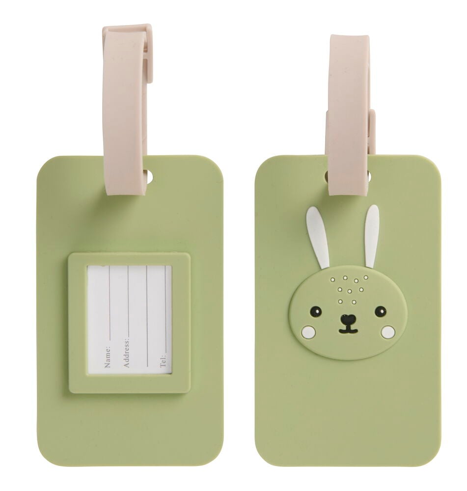 Bagage ID-tag Grön Kanin med kontaktinformationfönster på baksidan och ljusrosa rem.