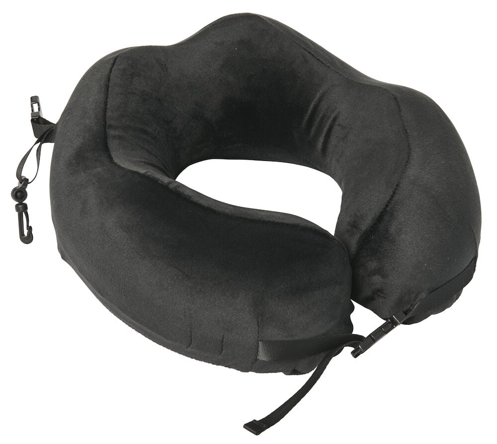 Svart nackkudde i velour med justerbara band.