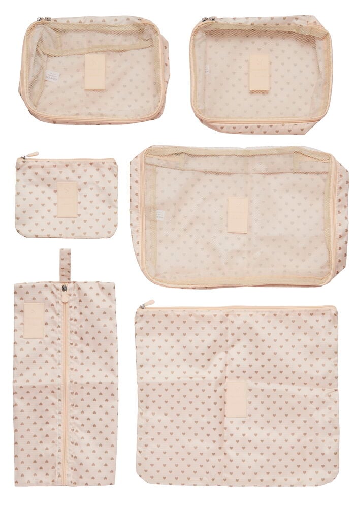 Seks pakkekuber i beige polyester med småmønstret trykk.