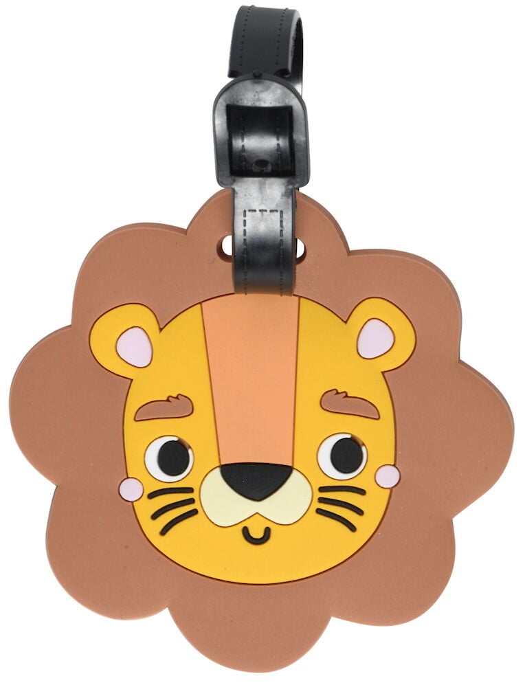 Braunes Gepäckanhänger mit Löwengesicht und schwarzem Riemen.