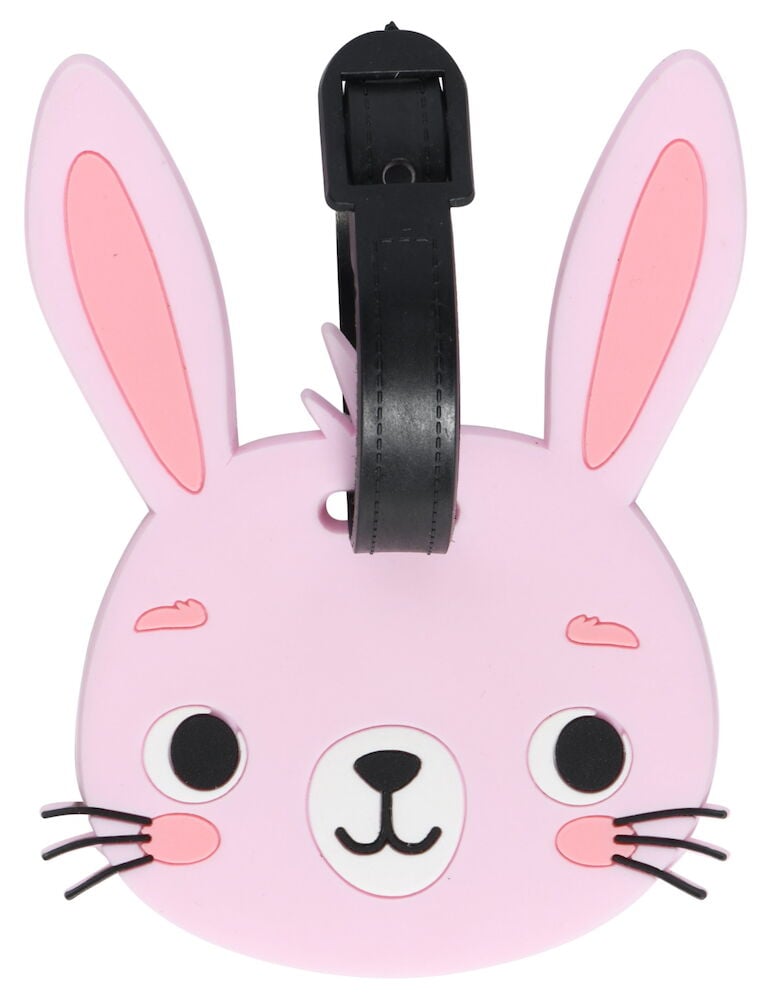Rosa kaninförmiges Gepäckanhänger mit schwarzen Details.