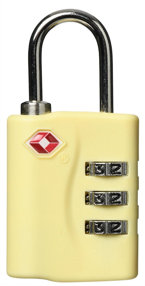 Gult TSA-kodlås med tre kombinationsrattar.
