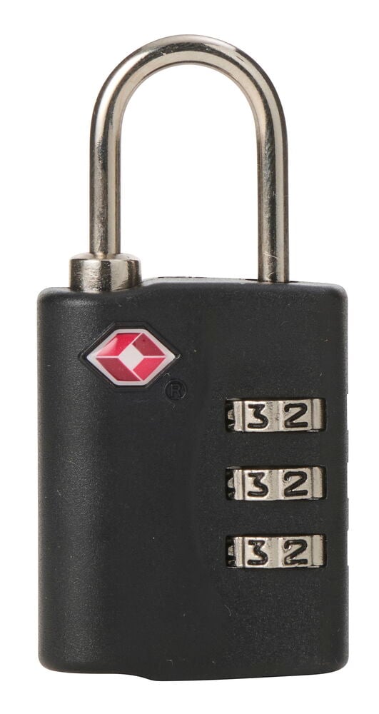 Svart TSA kodlås med silverfärgad bygel och tre nummerskivor som visar '32'.