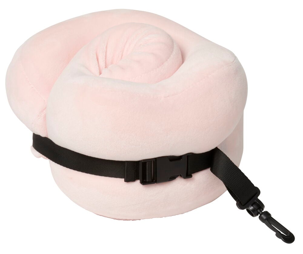 Ljusrosa nackkudde med svart spännband.