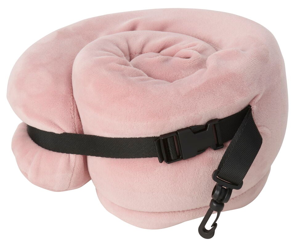 Hoprullad Nackkudde Small Rosa av mjukt tyg, fäst med svart rem med spänne och karbinkrok.