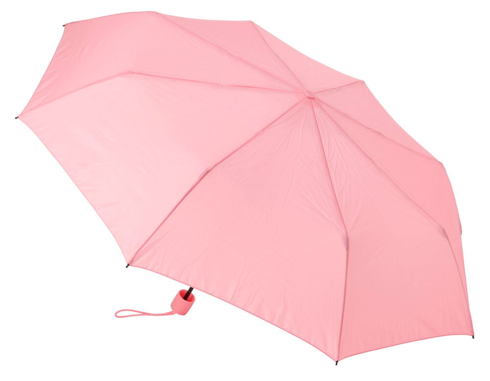 Et åpent 98 cm rosa pongee paraply med et lite rosa håndtak vises på skrå.