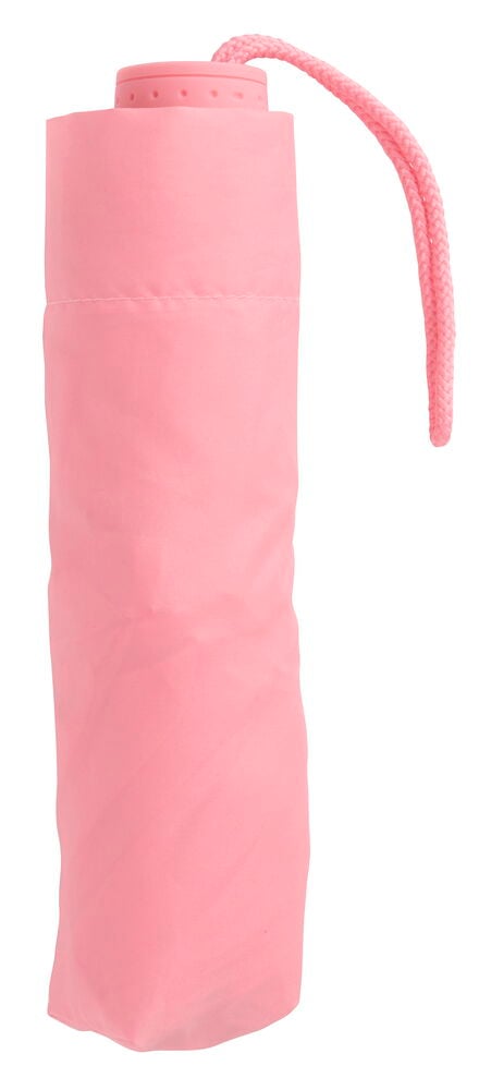 Et lukket rosa pongee-paraply 98 cm står oppreist, med en matchende rosa håndleddsrem.
