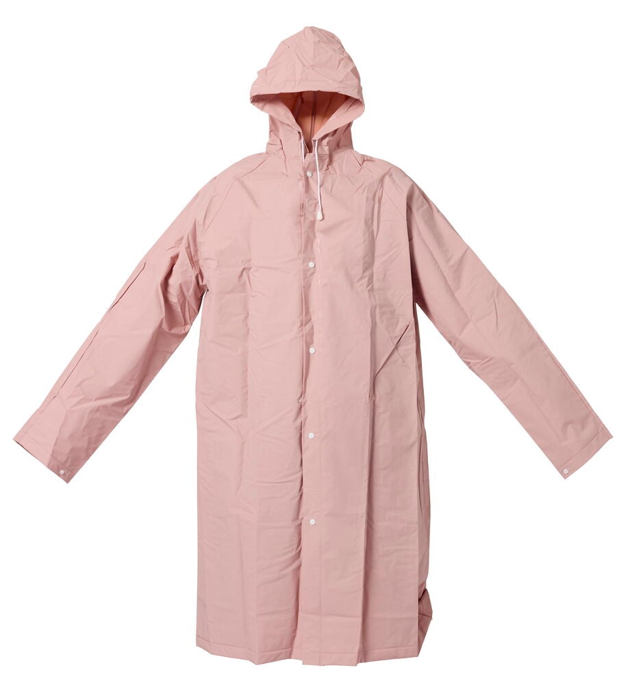 Vorderansicht einer langen, Rosa Regenjacke One size mit Kapuze und weißen Druckknöpfen.