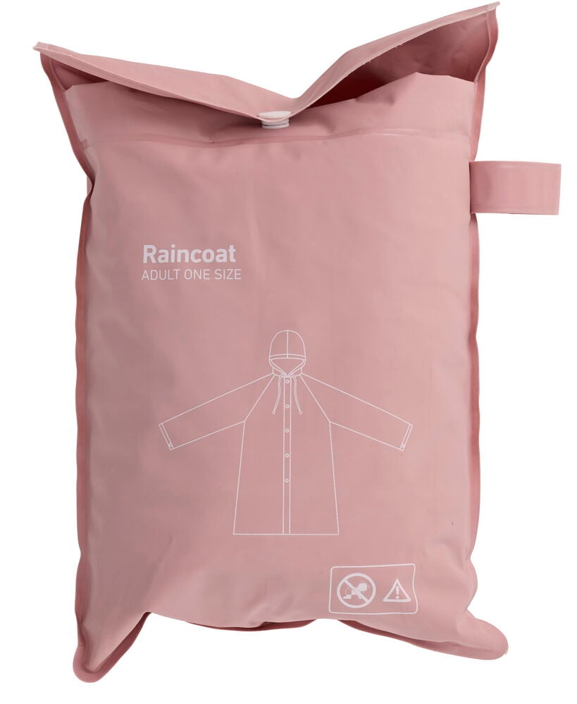 Rosa Regnjakke One size pakket i matchende pose med trykknapp og regnjakke-diagram.