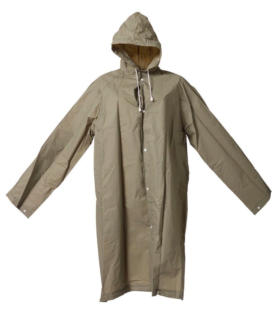 Grüne One size Regenjacke mit Kapuze, weißem Kordelzug und weißer Knopfleiste vorne.