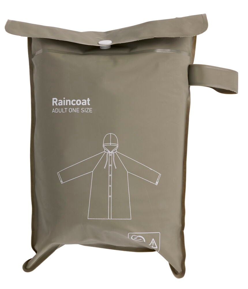 Eine verpackte Grüne Regenjacke, One size, mit einem weißen Druckknopf und einem kleinen Tragegriff an der Seite versiegelt.
