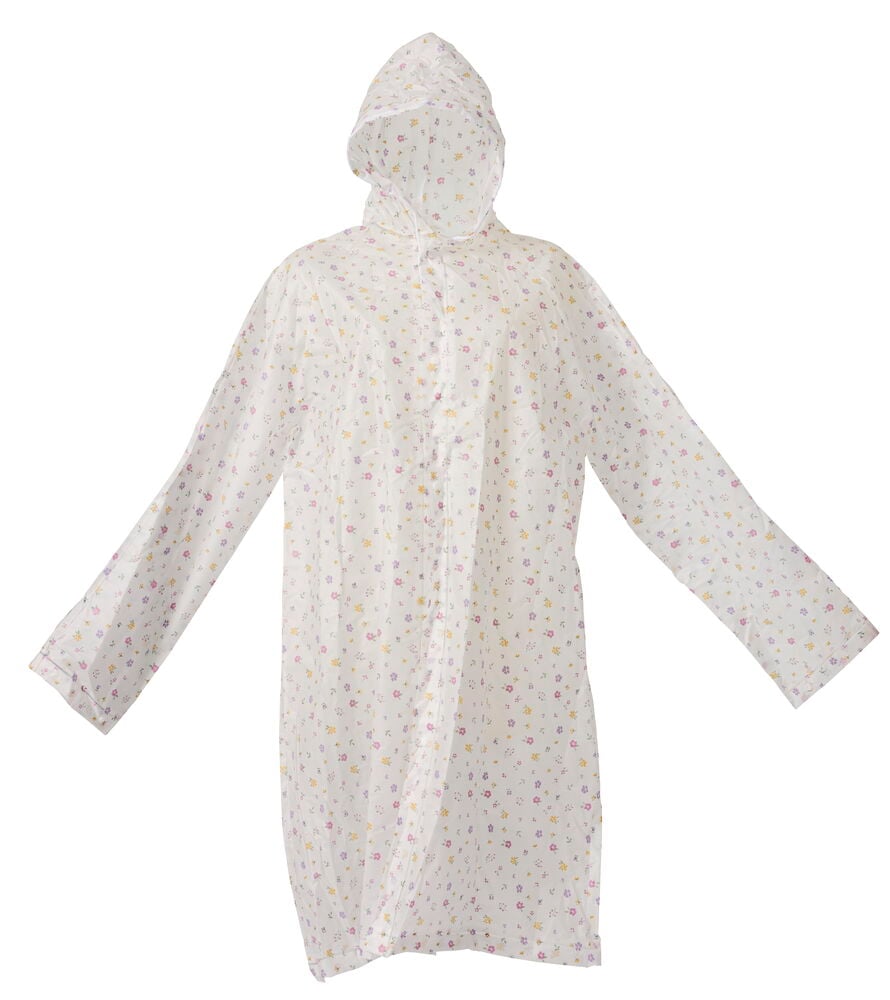 Weiße Kapuzenregenjacke mit mehrfarbigem Blumenmuster, Einheitsgröße, Vorderansicht.