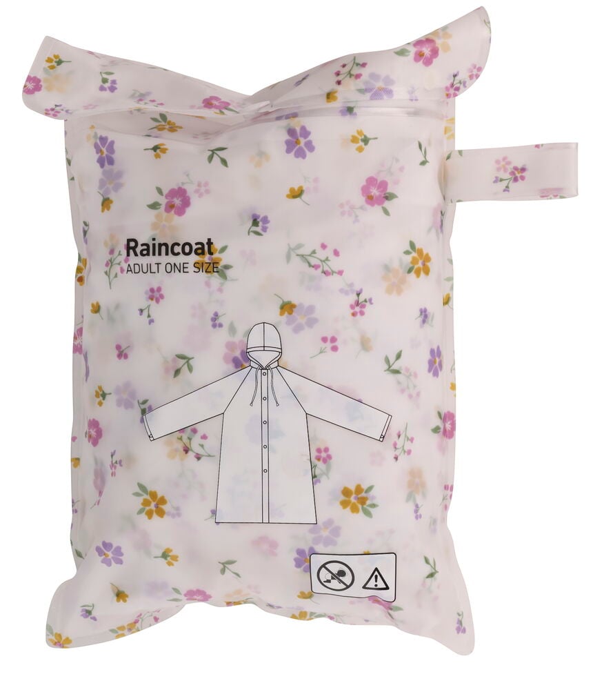 Eine gefaltete blumige Regenjacke One size Blumen in einem durchsichtigen Plastikbeutel mit Regenjackenzeichnung.