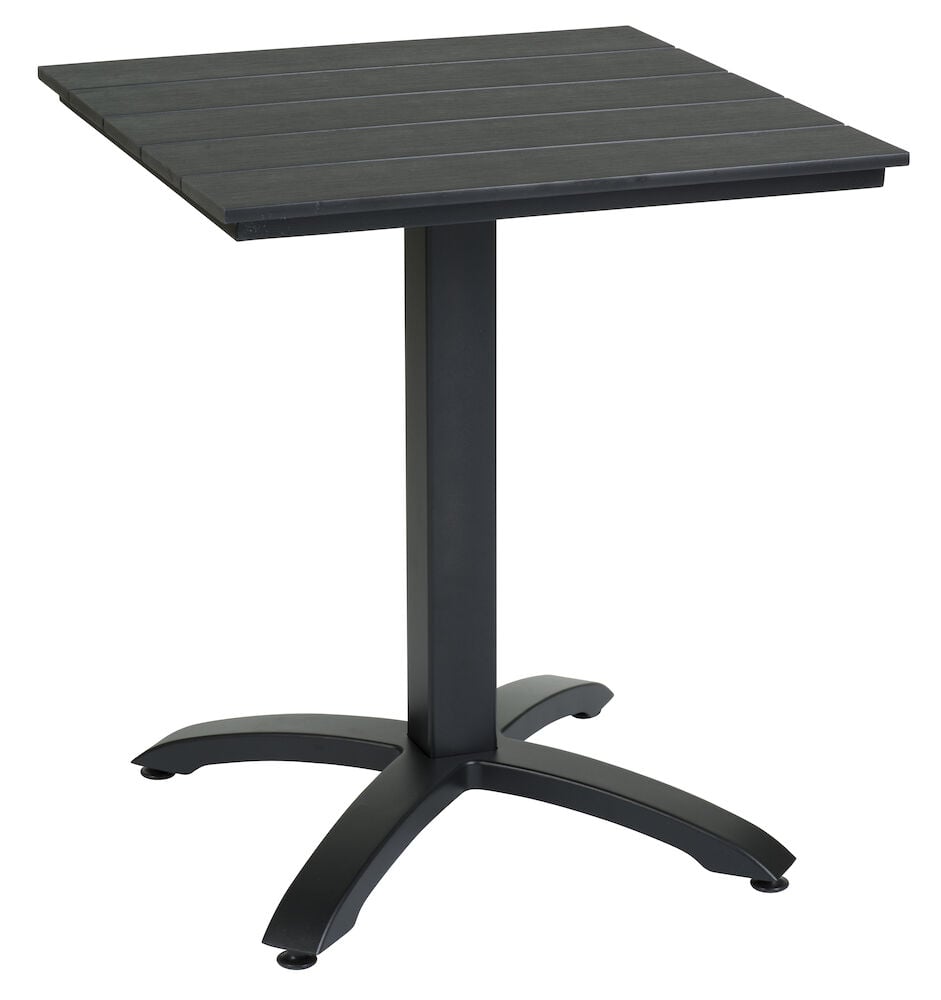 Neliönmuotoinen musta kahvilapöytä keskitelineellä ja uritettu pöytälevy.