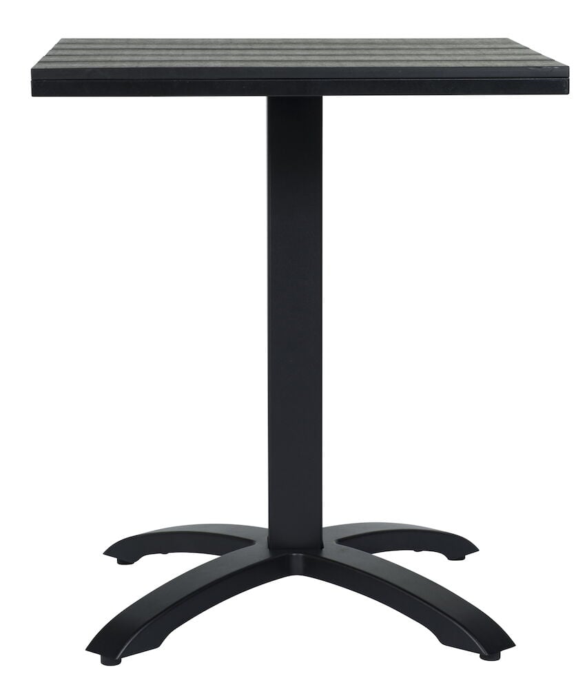 Musta neliönmuotoinen kahvilapöytä, jossa on keskeinen jalka.