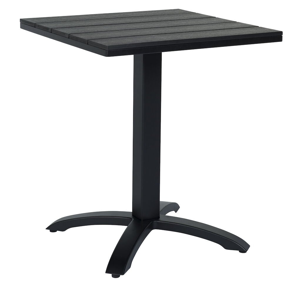 Musta neliönmuotoinen kahvilapöytä jalustajalalla.