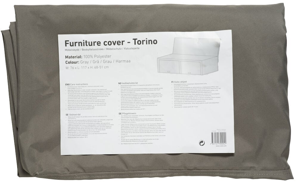 Vaaleanharmaa huonekalujen päällinen taitettuna tietotarralla.