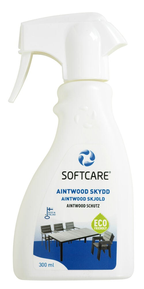 Vit sprayflaska med etikett och grön miljömärkning.