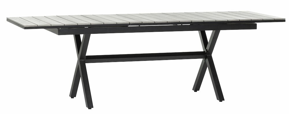 Svart uttrekkbart bord med kryssede ben utendørs.