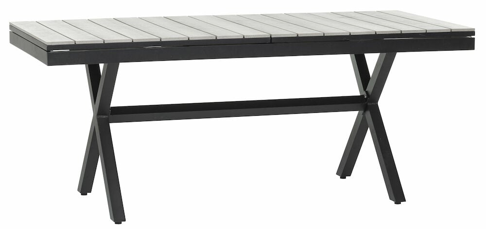 Musta jatkettava pöytä ristikkäjaloilla ja puupinnalla.
