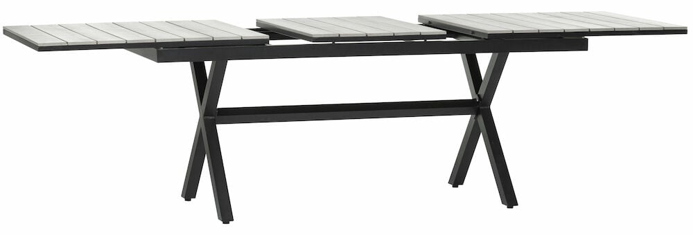 Laajennettava musta pöytä, jossa aintwood-kansi.