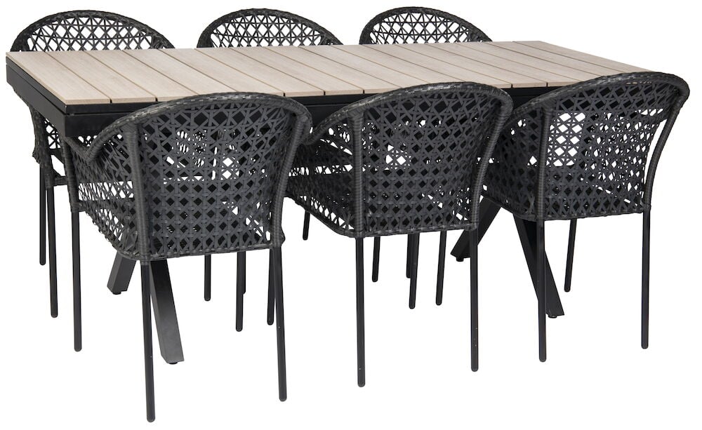 Svart uttrekkbart hagebord med seks stoler.
