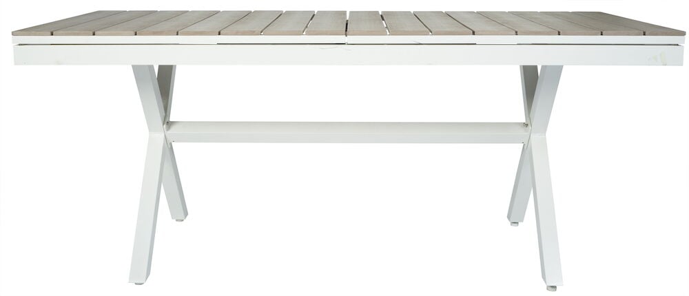 Stort hvitt uttrekkbart spisebord i aintwood-materiale.