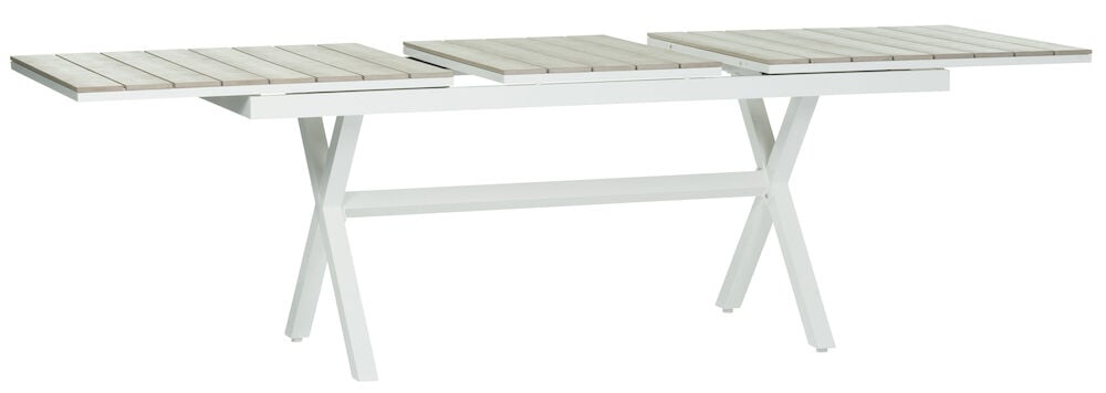 Valkoinen aintwood-ruokapöytä, jossa on ristikkojalat ja jatkettava kansi.