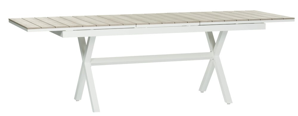 Uttrekkbart hvitt spisebord med kryssben.
