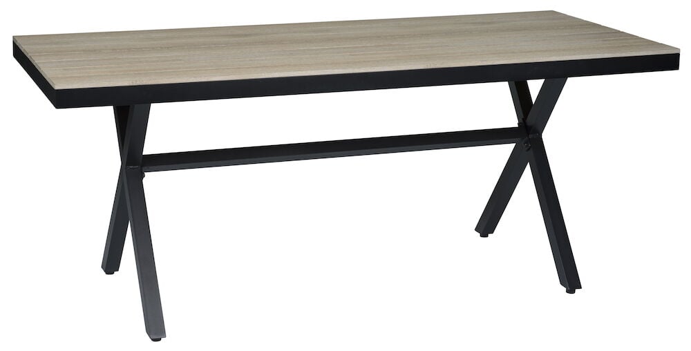 Suorakulmainen musta pöytä, jossa on ristiin menevät metallijalat.